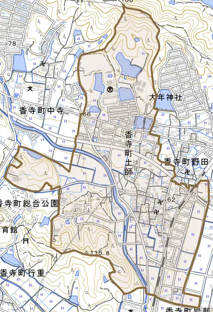 香寺町土師とその周辺の地図。町の範囲を重ねている