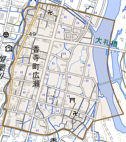 香寺町広瀬とその周辺の地図。町の範囲を重ねている