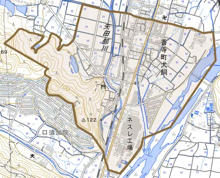 香寺町犬飼とその周辺の地図。町の範囲を重ねている