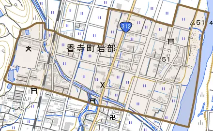 香寺町岩部とその周辺の地図。町の範囲を重ねている