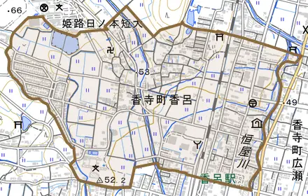 香寺町香呂とその周辺の地図。町の範囲を重ねている