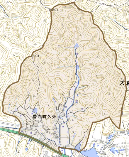 香寺町久畑とその周辺の地図。町の範囲を重ねている