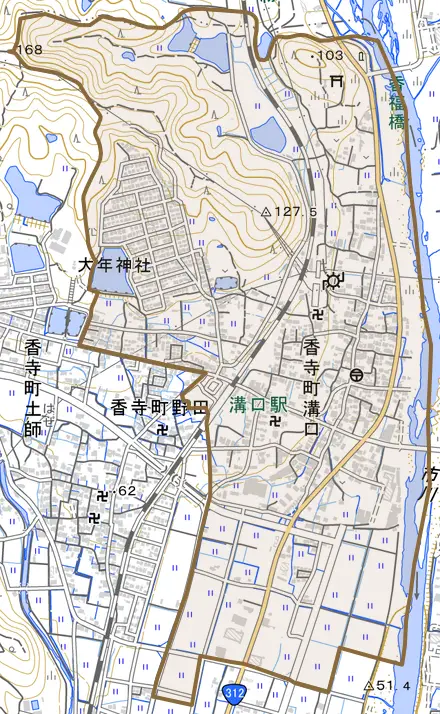 香寺町溝口とその周辺の地図。町の範囲を重ねている