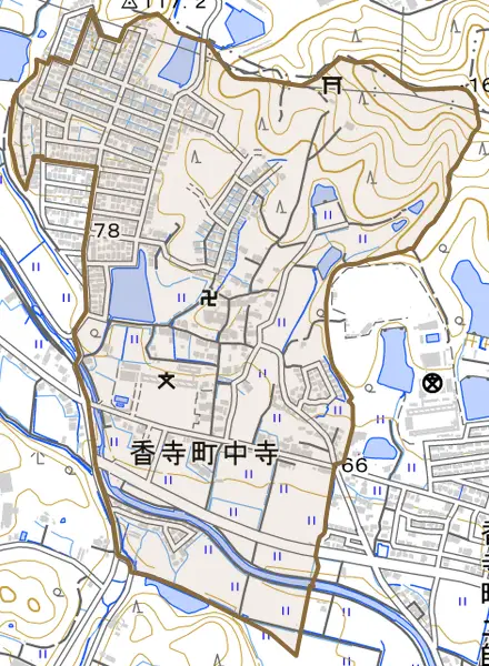 香寺町中寺とその周辺の地図。町の範囲を重ねている