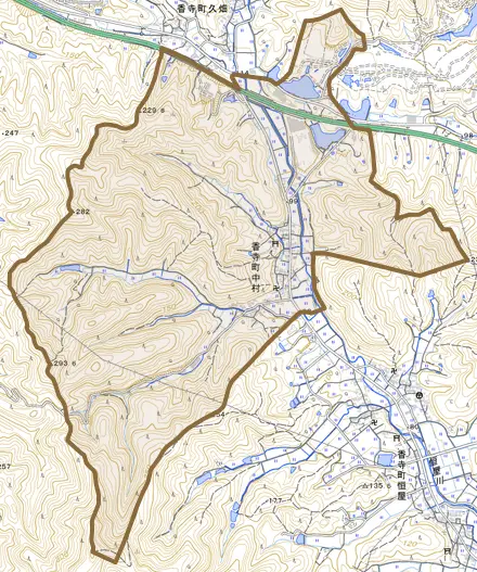 香寺町中村とその周辺の地図。町の範囲を重ねている