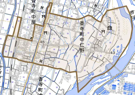 香寺町中仁野とその周辺の地図。町の範囲を重ねている