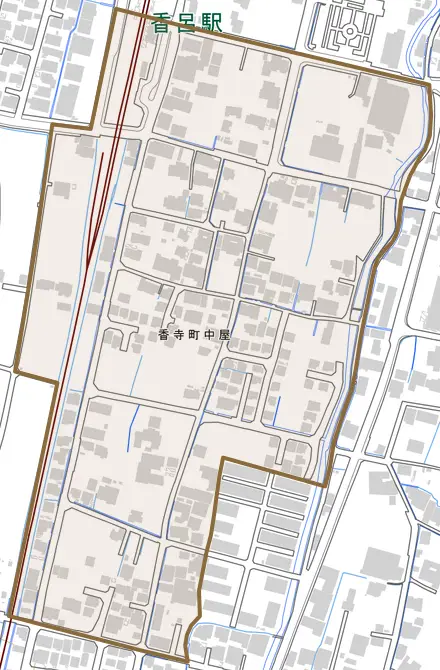 香寺町中屋とその周辺の地図。町の範囲を重ねている
