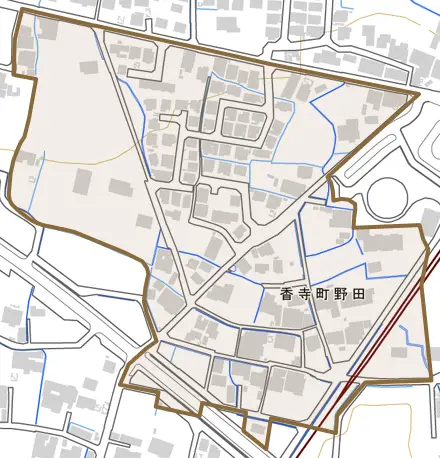 香寺町野田とその周辺の地図。町の範囲を重ねている