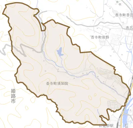 香寺町須加院とその周辺の地図。町の範囲を重ねている