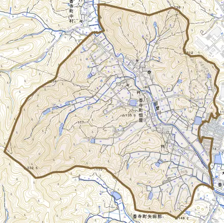 香寺町恒屋とその周辺の地図。町の範囲を重ねている