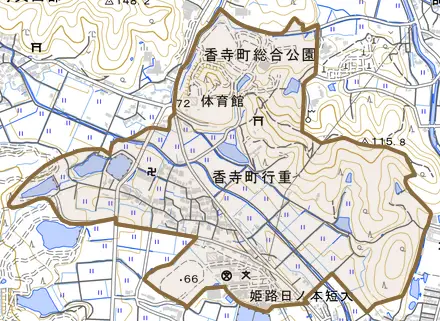 香寺町行重とその周辺の地図。町の範囲を重ねている