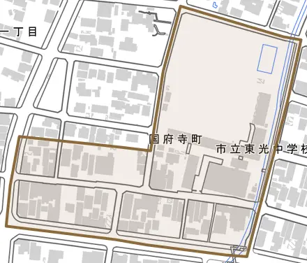 国府寺町とその周辺の地図。町の範囲を重ねている