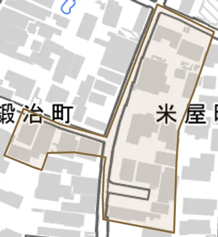 米屋町とその周辺の地図。町の範囲を重ねている