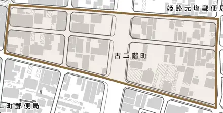 古二階町とその周辺の地図。町の範囲を重ねている