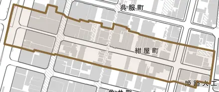 紺屋町とその周辺の地図。町の範囲を重ねている