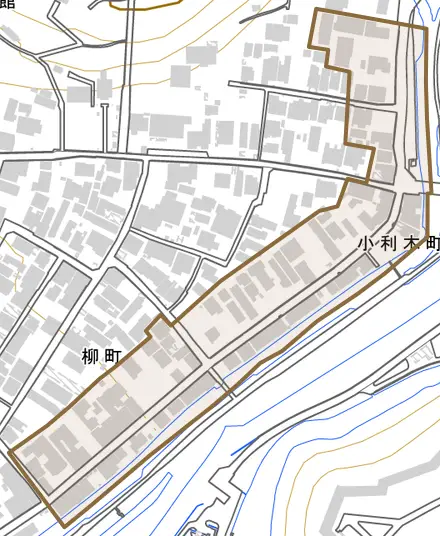 小利木町とその周辺の地図。町の範囲を重ねている