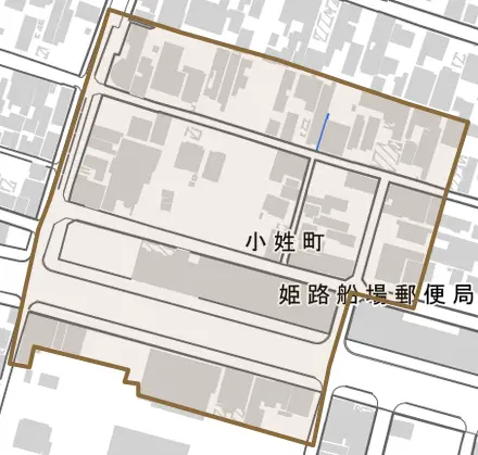 小姓町とその周辺の地図。町の範囲を重ねている