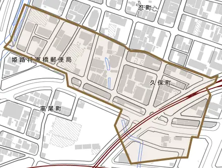 久保町とその周辺の地図。町の範囲を重ねている
