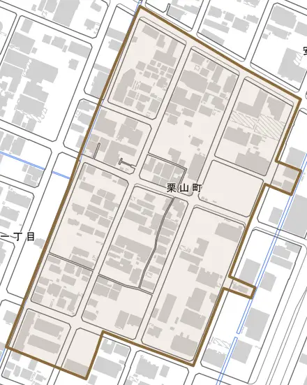 栗山町とその周辺の地図。町の範囲を重ねている