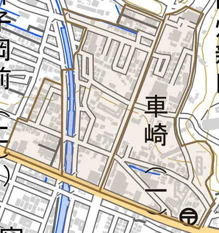 車崎とその周辺の地図。町の範囲を重ねている
