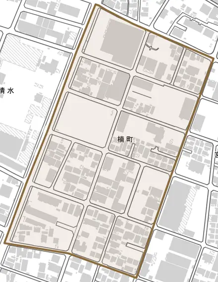 楠町とその周辺の地図。町の範囲を重ねている