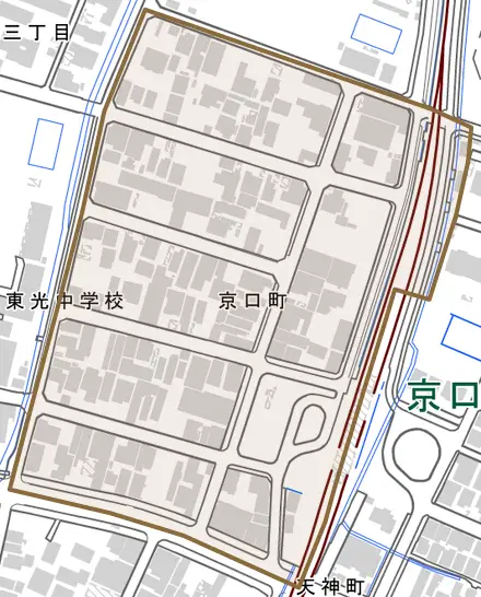 京口町とその周辺の地図。町の範囲を重ねている