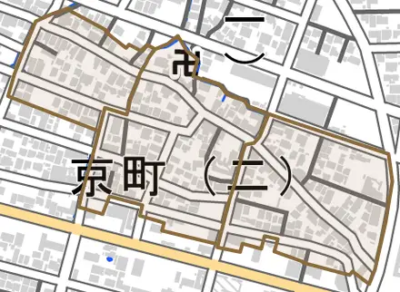 京町とその周辺の地図。町の範囲を重ねている