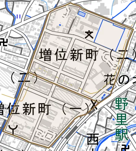 増位新町とその周辺の地図。町の範囲を重ねている
