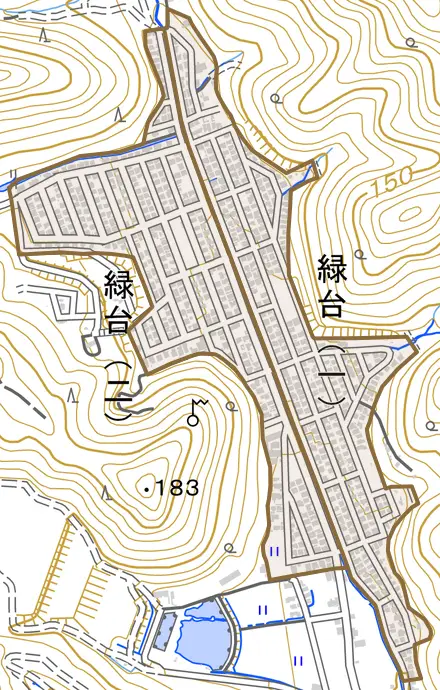 緑台とその周辺の地図。町の範囲を重ねている