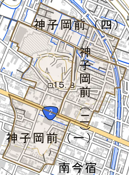 神子岡前とその周辺の地図。町の範囲を重ねている
