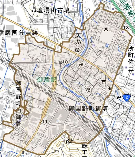 御国野町御着とその周辺の地図。町の範囲を重ねている