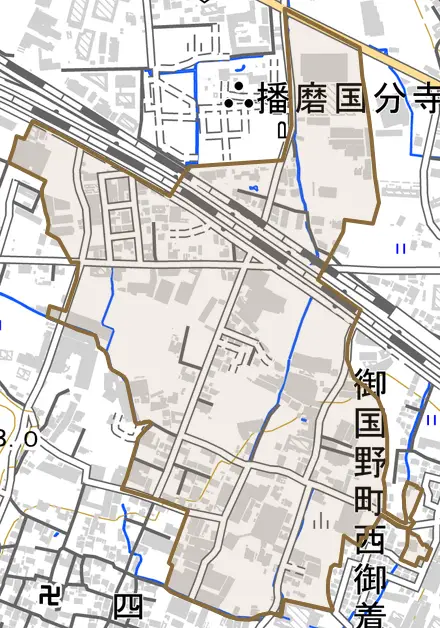 御国野町西御着とその周辺の地図。町の範囲を重ねている