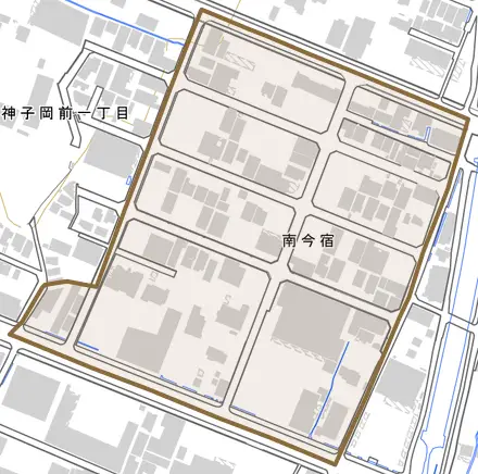 南今宿とその周辺の地図。町の範囲を重ねている