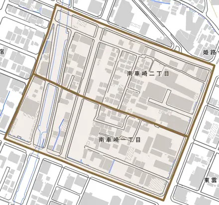 南車崎とその周辺の地図。町の範囲を重ねている
