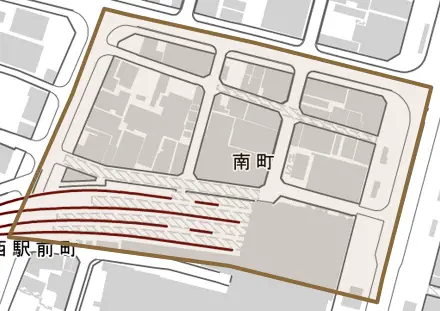 南町とその周辺の地図。町の範囲を重ねている