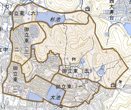 御立東とその周辺の地図。町の範囲を重ねている