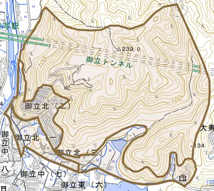 御立北とその周辺の地図。町の範囲を重ねている