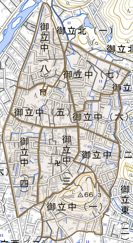 御立中とその周辺の地図。町の範囲を重ねている
