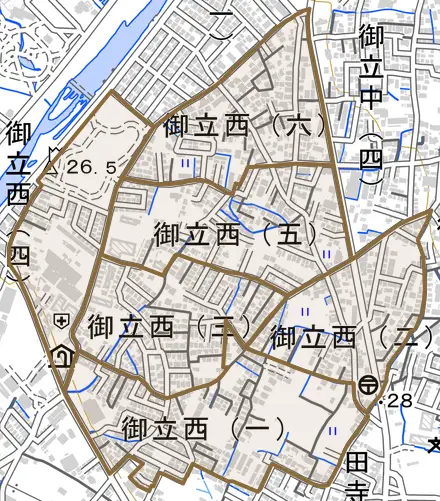 御立西とその周辺の地図。町の範囲を重ねている