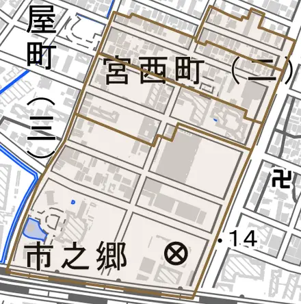宮西町とその周辺の地図。町の範囲を重ねている