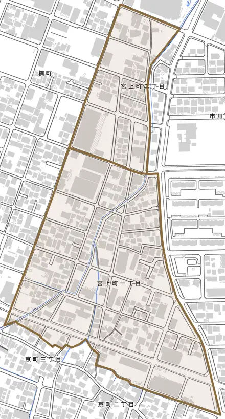 宮上町とその周辺の地図。町の範囲を重ねている
