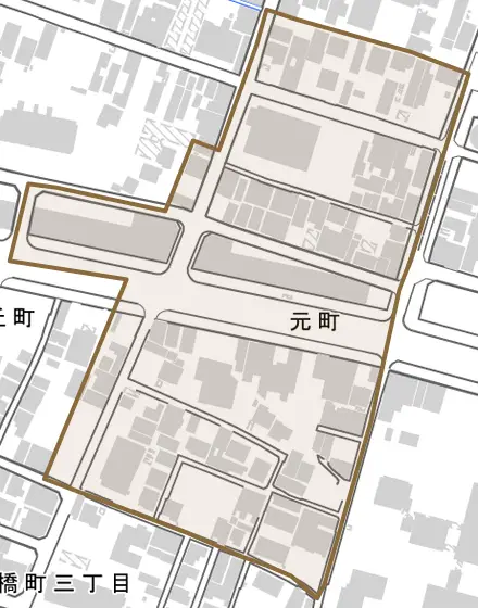 元町とその周辺の地図。町の範囲を重ねている