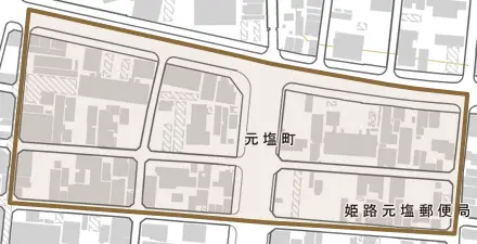 元塩町とその周辺の地図。町の範囲を重ねている