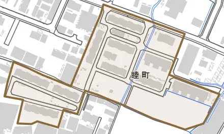 睦町とその周辺の地図。町の範囲を重ねている