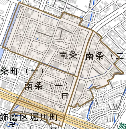 南条とその周辺の地図。町の範囲を重ねている