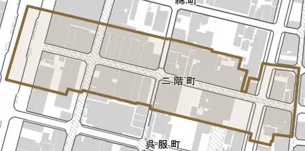 二階町とその周辺の地図。町の範囲を重ねている