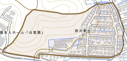 西大寿台とその周辺の地図。町の範囲を重ねている