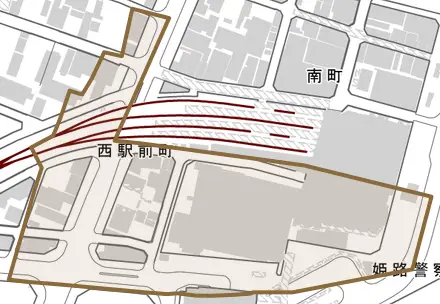 西駅前町とその周辺の地図。町の範囲を重ねている