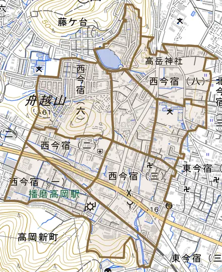 西今宿とその周辺の地図。町の範囲を重ねている