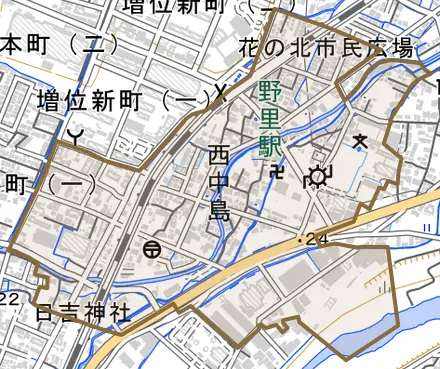 西中島とその周辺の地図。町の範囲を重ねている